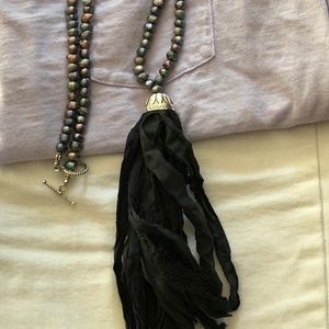 Black Silk Tassel Necklace with Black Pearls